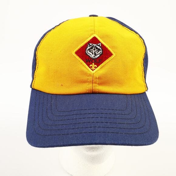 Vintage BSA Boy Cub Scouts Wolf Badge Patch Snapback Packable Hat Blue Yellow - Picture 2 of 9